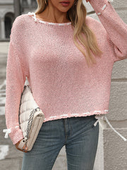 Split-Joint Tied Long Sleeves Loose Round-Neck Sweater Tops