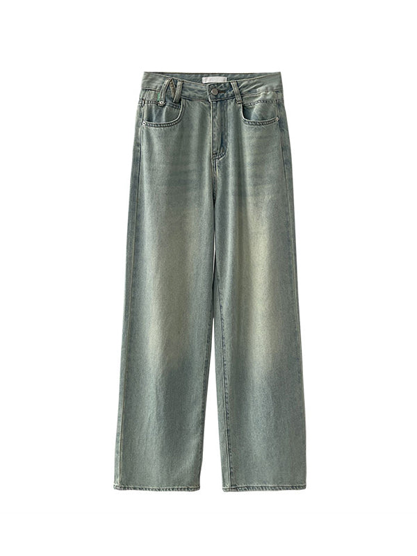 No Belt Pockets High Waisted Loose Jean Pants Bottoms