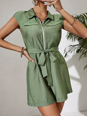 Solid Color Zipper Short Sleeves Lapel Collar Rompers