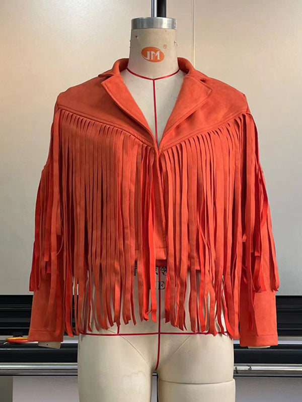 Solid Color Split-Joint Tasseled Long Sleeves Notched Collar Jackets