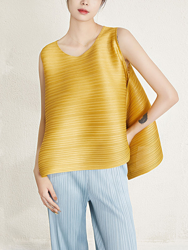 Cropped Sleeveless Pleated Round-Neck Vest Top