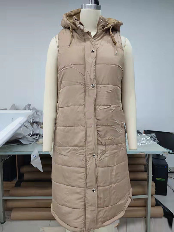 Buttoned Drawstring Keep Warm Solid Color Split-Joint Zipper Hooded Sleeveless Vest Outerwear Padded Coat