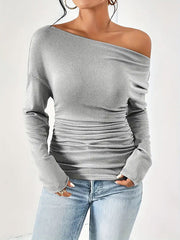 Solid Color Long Sleeves Skinny One-Shoulder T-Shirts Tops