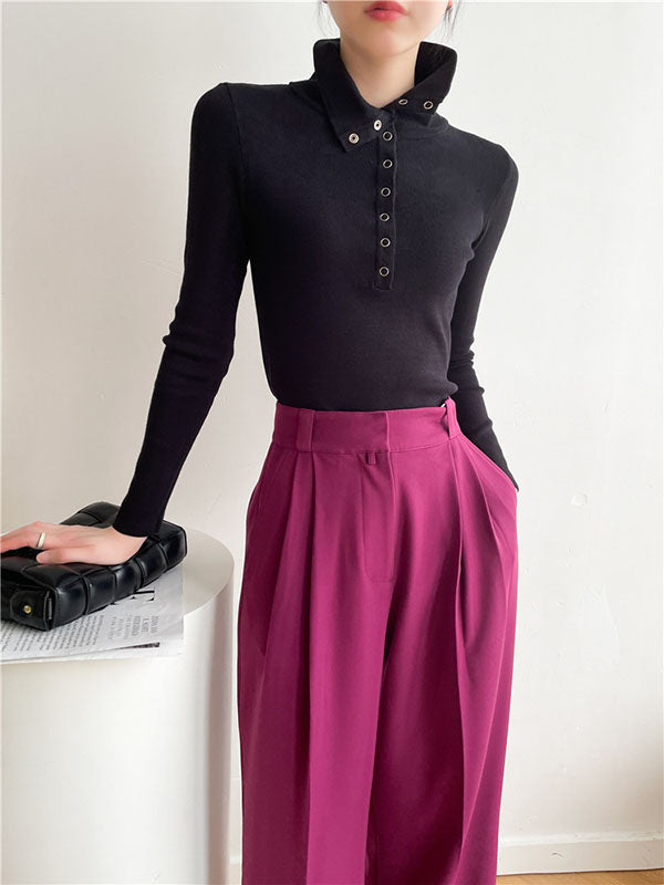 Casual Skinny Loose Solid Color Lapel Collar Pullovers