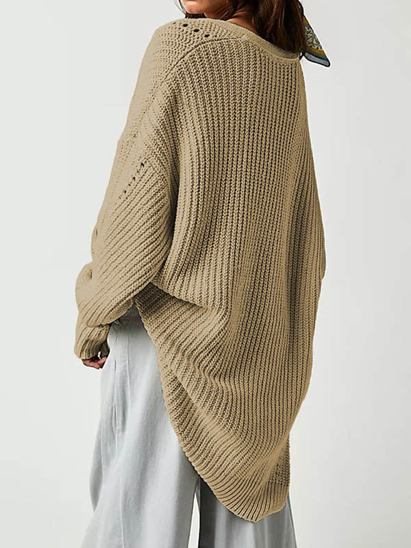 Hollow Solid Color High-low Long Sleeves Collarless Cardigan Tops