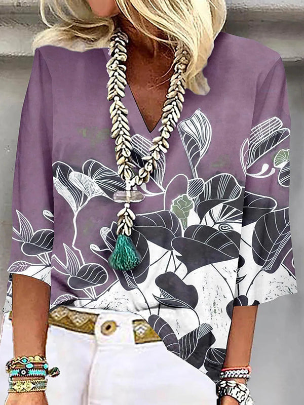 Flower Print Three-quarter Sleeves Loose Plus Size V-Neck T-Shirts Tops