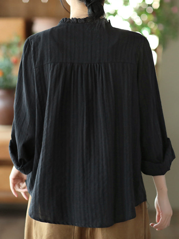 Embroidered Long Sleeves Loose Round-Neck Blouses&Shirts Tops