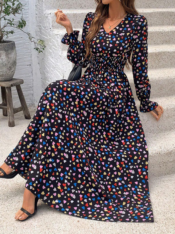 Elasticity Floral Printed Split-Joint Loose Puff Sleeves V-neck Maxi Dresses