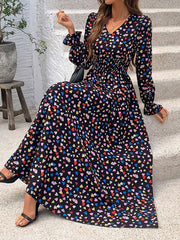 Elasticity Floral Printed Split-Joint Loose Puff Sleeves V-neck Maxi Dresses