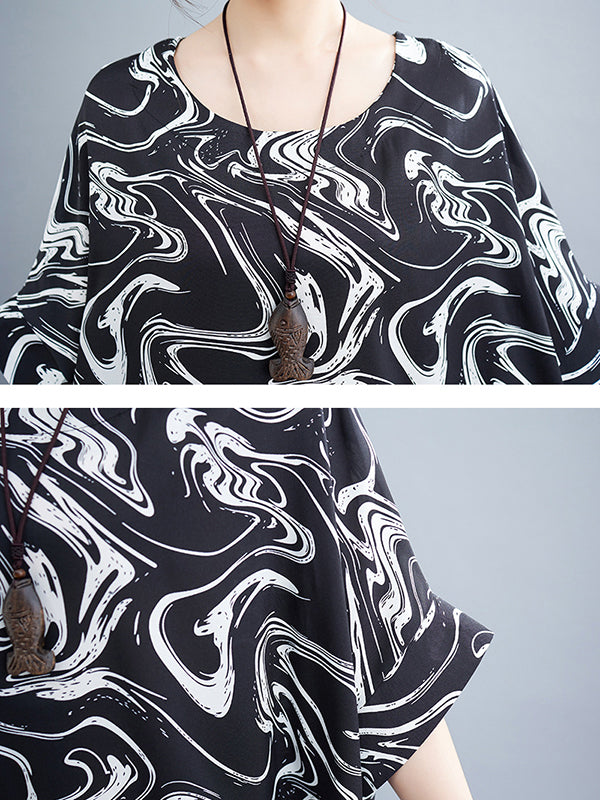 Printed Loose Short Sleeves Round-Neck Midi Dresses
