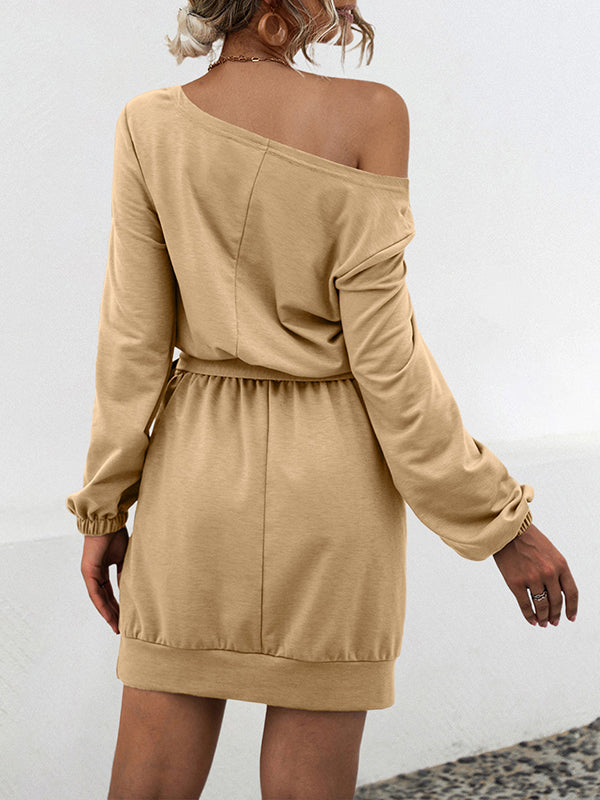 Elasticity Solid Color Tied Waist Long Sleeves Loose One-Shoulder Mini Dresses