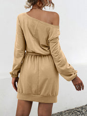Elasticity Solid Color Tied Waist Long Sleeves Loose One-Shoulder Mini Dresses