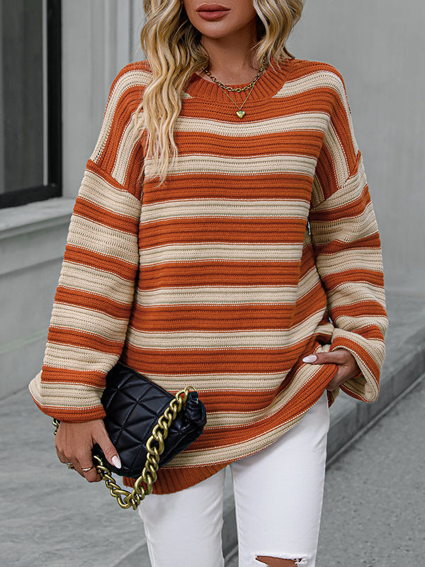 Striped Long Sleeves Loose Round-Neck Sweater Tops Pullovers