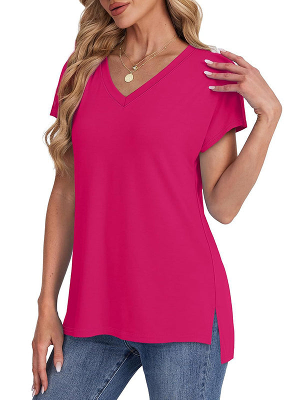 Solid Color Split-Joint Split-Side High-Low Raglan Sleeve V-Neck T-Shirts