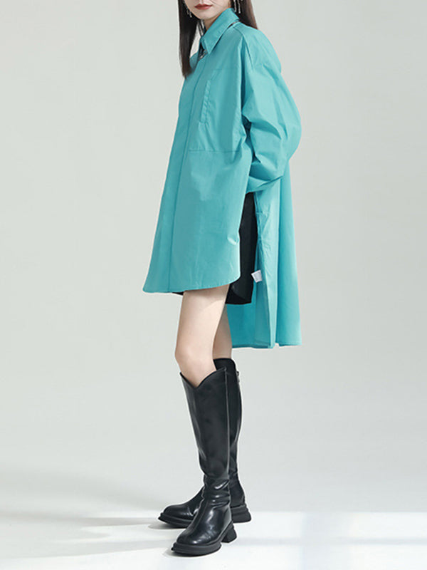 Solid Color Split-side High-low Irregular clipping Lapel Shirts Tops
