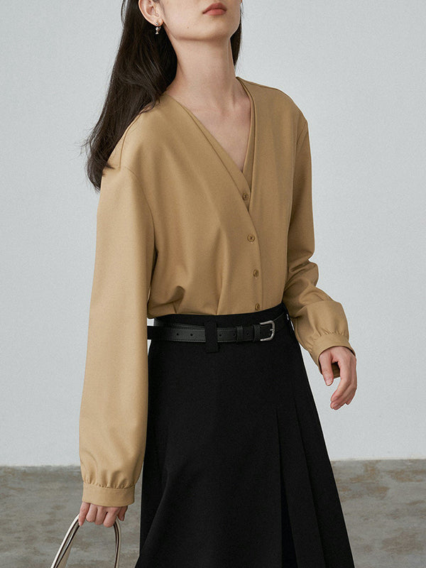 Buttoned Solid Color False Two Long Sleeves V-Neck Blouses&Shirts Tops