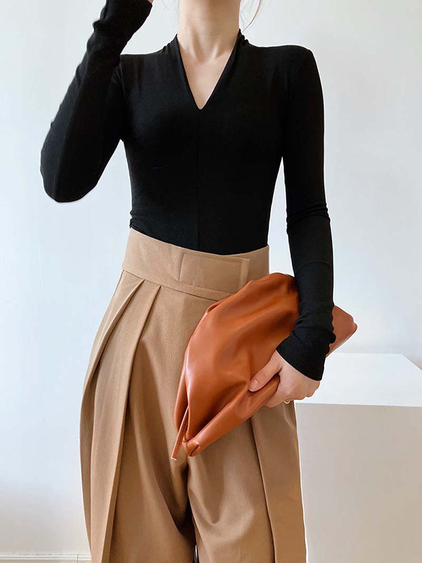 Solid Color Long Sleeves Skinny V-Neck T-Shirts Tops
