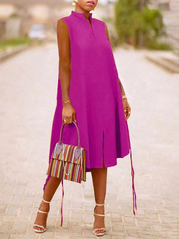 Solid Color Split-Front A-Line High-Low V-Neck Midi Dresses
