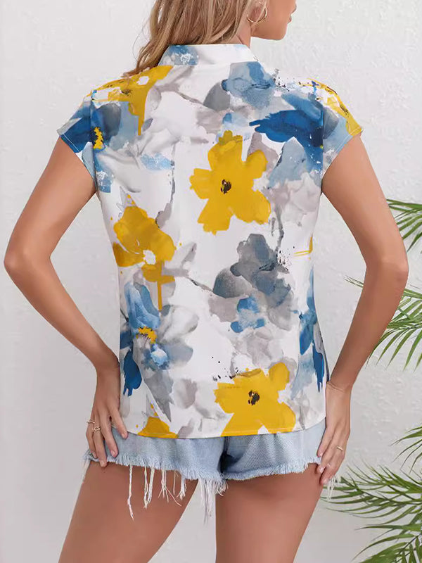 Comfort Contrast Color Flower Print Loose Short Sleeves V-Neck Blouses&Shirts Tops