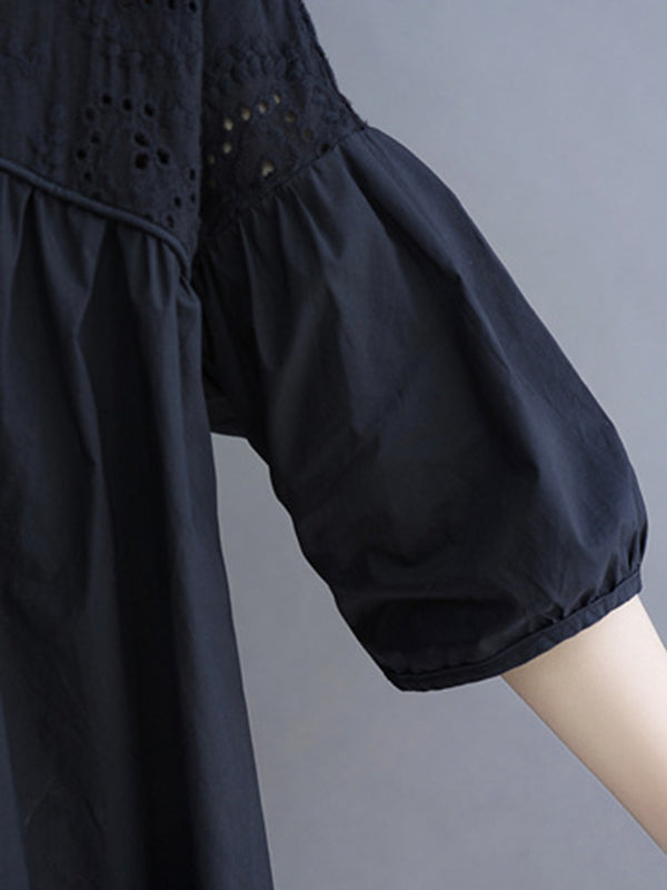Hollow Pleated Solid Color Split-Joint Half Sleeves Loose V-Neck T-Shirts