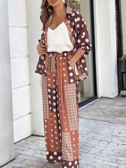 Long Sleeves Buttoned High-Low Polka-Dot Lapel Shirts Top + Drawstring Elasticity Pants Bottom Two Pieces Set
