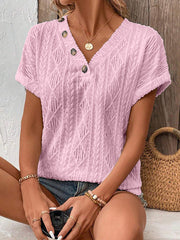 Buttoned Solid Color Loose Short Sleeves V-Neck T-Shirts Tops