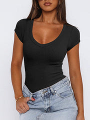 Solid Color Split-Joint Short Sleeves Skinny U-neck T-Shirts Tops