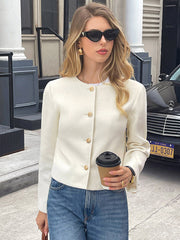 Buttoned Single-Breasted Solid Color Striped Long Sleeves Skinny Collarless Outerwear