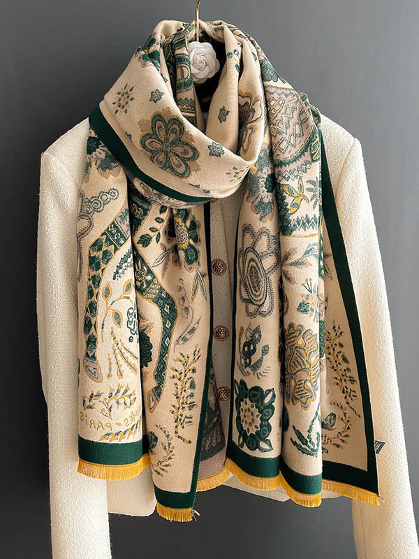 Vintage Knitting Tasseled Jacquard Imitated Cashmere Scarf Shawl