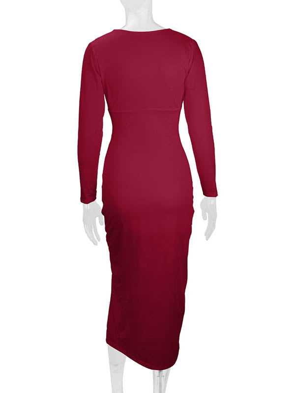 Pleated Solid Color Split-Joint Split-Side Bodycon Elasticated Waist Deep V-Neck Midi Dresses