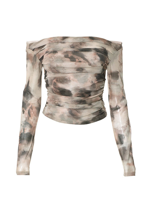 Pleated Split-Joint Tie Dye Long Sleeves Skinny Off-the-shoulder T-Shirts Tops