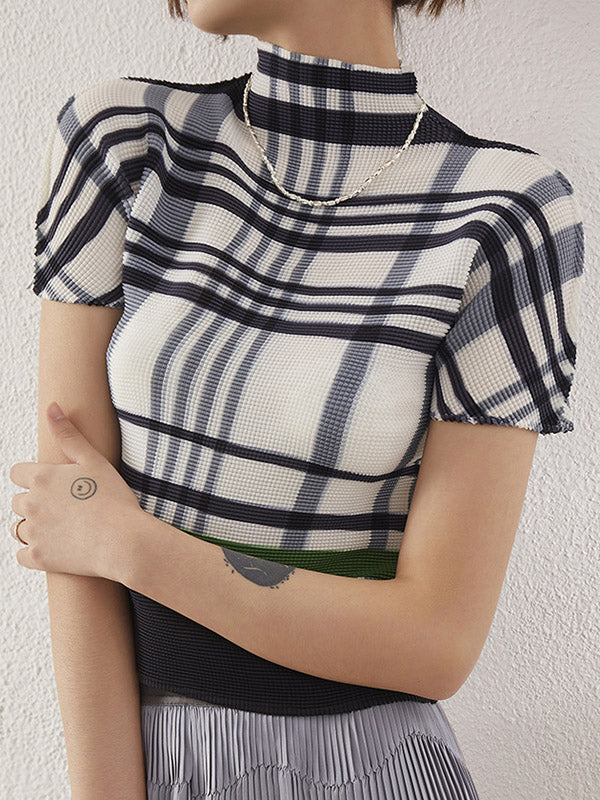 Contrast Color Pleated Short Sleeves Mock Neck T-Shirts Tops