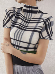Contrast Color Pleated Short Sleeves Mock Neck T-Shirts Tops