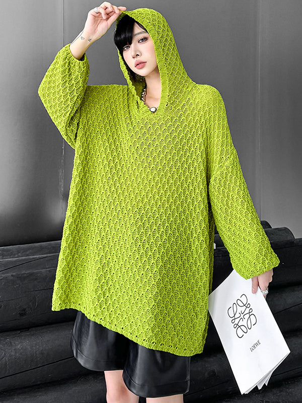 Hollow Solid Color Long Sleeves Loose Hooded Sweater Tops