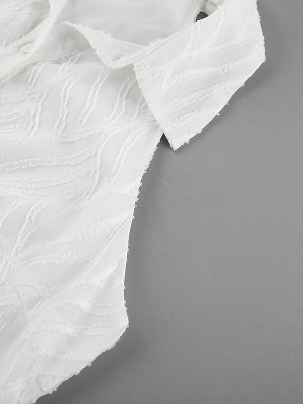 Jacquard See-Through Solid Color Sleeveless Lapel Blouses&Shirts Tops