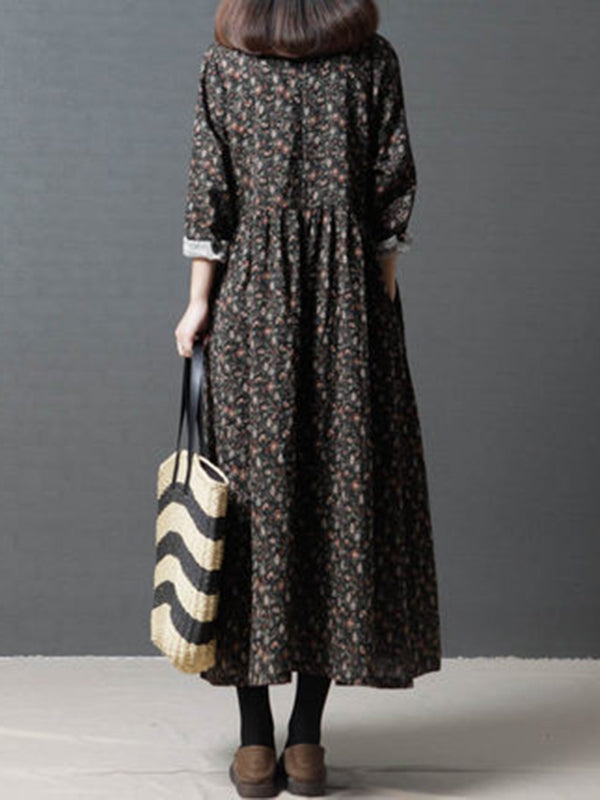Vintage Floral Stand Collar Midi Dress