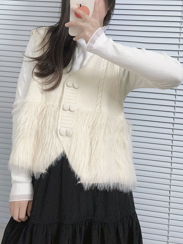 Buttoned Solid Color Split-Joint Loose Sleeveless V-Neck Vest Outerwear