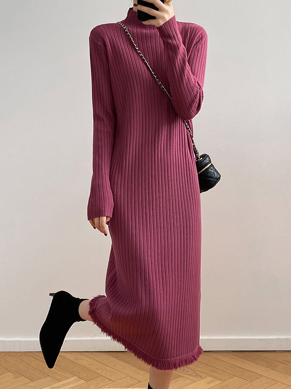 Fringed Solid Color Long Sleeves Loose Mock Neck Sweater Dresses Midi Dresses