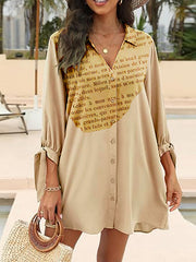 Buttoned Letter Print Pleated Loose Three-Quarter Sleeves Lapel Shirt Dress Mini Dresses