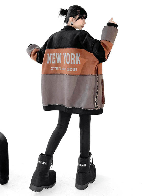 Buttoned Contrast Color Reversible Split-Joint Long Sleeves Loose Round-Neck Outerwear Cardigan Tops