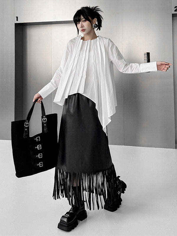 Asymmetric Pleated Solid Color Hipster Irregularity Round-Neck Blouses&Shirts Tops