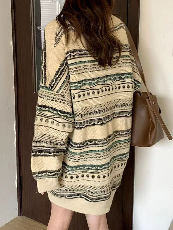 Striped Velvet Long Sleeves Loose V-Neck Sweater Dresses Pullovers