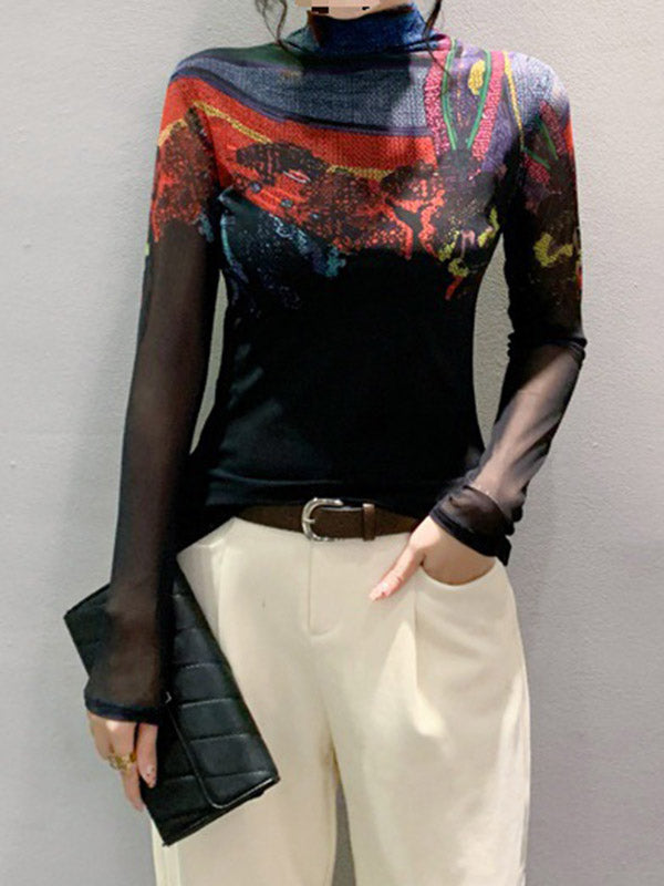 Printed See-Through Split-Joint Long Sleeves Plus Size High Neck T-Shirts
