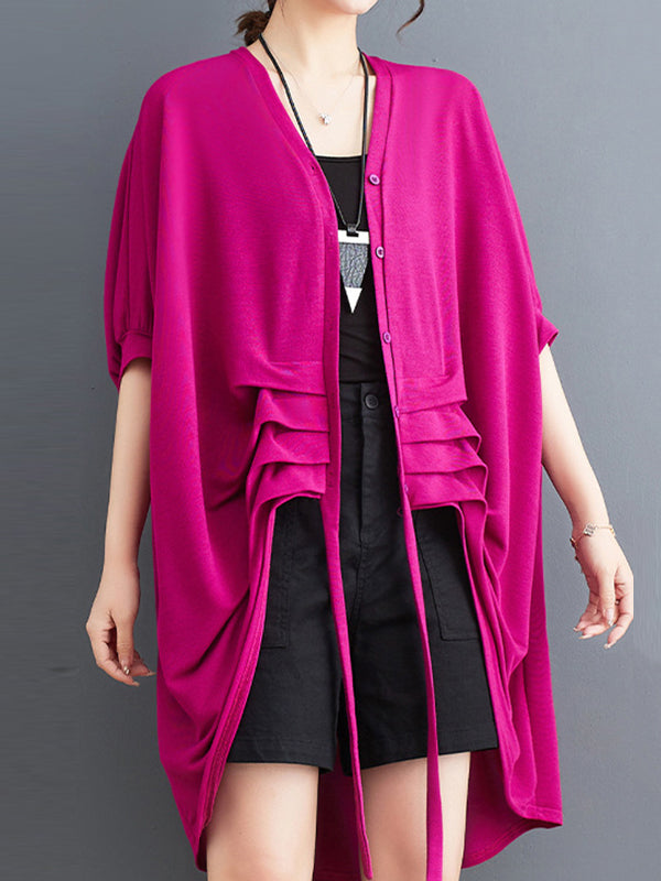 Drawstring Solid Color Half Sleeves Irregular Clipping V-Neck Outerwear