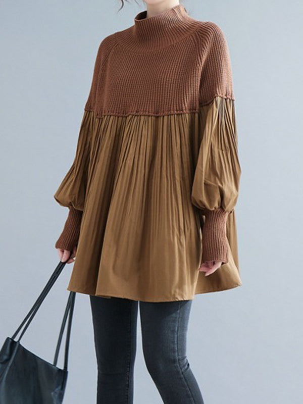 Pleated Split-Joint Long Sleeves Loose High Neck Sweater Tops