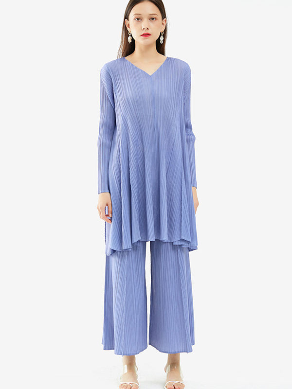 Urban Pleated Solid Color V-Neck Long Sleeves T-Shirt&Flared Pantstwo Pieces Set