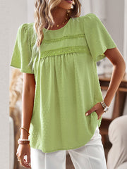 Hollow Jacquard Pleated Solid Color Split-Joint Loose Short Sleeves Round-Neck T-Shirts Tops