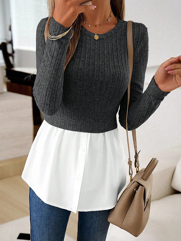 Buttoned Split-Joint Long Sleeves Loose Round-neck Knit Top