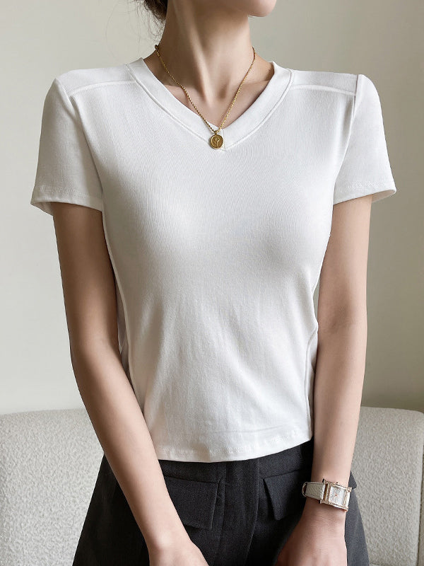 Solid Color Split-Joint Short Sleeves Skinny V-Neck T-Shirts