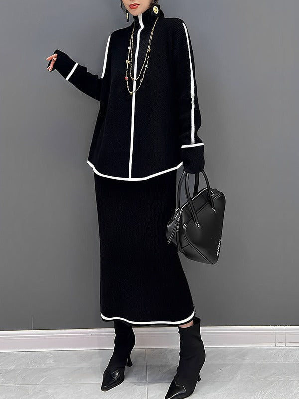 Contrast Color Long Sleeves Loose High Neck Sweater Tops
